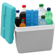 Load image into Gallery viewer, Ice blocks in a cooler with drinks, showcasing the twin pack of 2 reusable ice blocks for effective cooling.