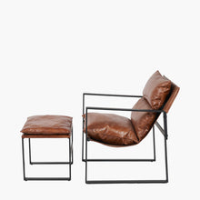 Lade das Bild in den Galerie-Viewer, Brown leather chair and ottoman with metal frame on a white background