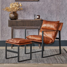 Lade das Bild in den Galerie-Viewer, Brown leather chair and ottoman set with a console table in the background.