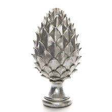 Load image into Gallery viewer, A tall ceramic pinecone finial with a silver finish.