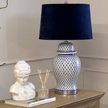 Indlæs billede til gallerivisning Blue & white ceramic lamp with blue velvet shade
