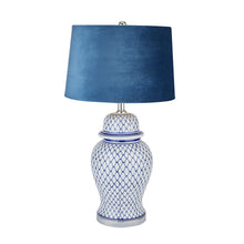 Indlæs billede til gallerivisning Blue & white ceramic lamp with blue velvet shade