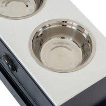 Lade das Bild in den Galerie-Viewer, Pet feeding station table in black wood with two stainless steel feeding bowls.