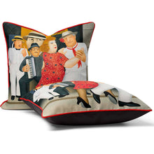 Indlæs billede til gallerivisning Beryl Cook cushion featuring lively street tango scene in luxe velvet velour, showcasing humor and charm.