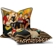 Lade das Bild in den Galerie-Viewer, Beryl Cook cushion featuring Party Girls design, showcasing glamorous friends celebrating in vibrant colors.