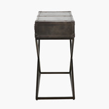 Load image into Gallery viewer, Console table in peppercorn leather with sleek design and two drawers for stylish organization.