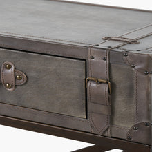 Load image into Gallery viewer, Console table in peppercorn leather featuring a drawer and detailed stitching for a stylish accent.