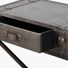 Load image into Gallery viewer, Console table in peppercorn leather with an open drawer showcasing storage space and stylish detailing.