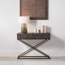 Load image into Gallery viewer, Console table in peppercorn leather with stylish lamp and decor on top.