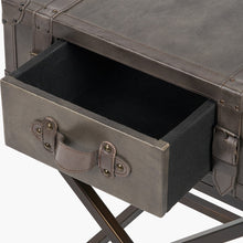 Load image into Gallery viewer, Adriano side table with open drawer made of peppercorn leather, showcasing its sleek design and contemporary style.