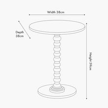 Lade das Bild in den Galerie-Viewer, Side table dimensions showing width 38cm, depth 38cm, height 59cm with bobble stem leg design.