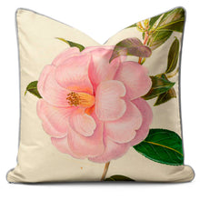 Lade das Bild in den Galerie-Viewer, Botanical cushion featuring a pink camellia flower design by RHS artist-in-res Alfred Wise.