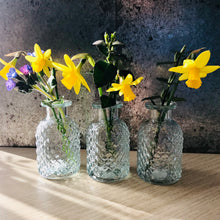 Load image into Gallery viewer, bud vases in a set of three with flowers in them on a wood background