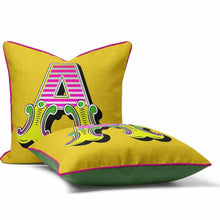 Charger l'image dans la galerie, Letter cushion in vibrant yellow with carnival font letter A, bold colors and luxurious velvet fabric.
