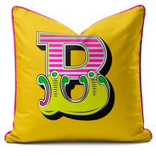 Charger l'image dans la galerie, Letter cushion in vibrant yellow with carnival-style letter 'B', perfect for home decoration.