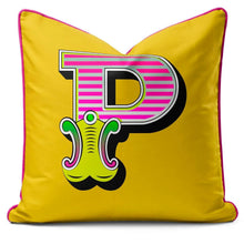 Charger l'image dans la galerie, Letter cushion in vibrant yellow with playful 'P' in carnival font, perfect for home decor.
