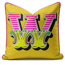 Charger l'image dans la galerie, Letter cushion in vibrant yellow with a large playful letter 'V' in carnival font design.
