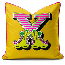 Charger l'image dans la galerie, Bold letter cushion 'X' in vibrant yellow carnival font for playful home decor.