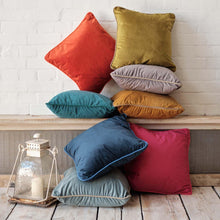 Afbeelding in Gallery-weergave laden, Colorful velvet velour cushion collection in various sizes with rich textures and coordinating piping.