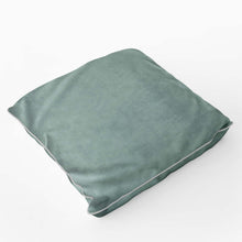 Load image into Gallery viewer, Velvet velour cushion in soft green color with coordinating piping, perfect for enhancing home decor.