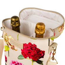 Charger l'image dans la galerie, cooler bag for two bottles in a hydrangea print on a cream background with an opened top showing two bottles inside