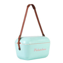 Lade das Bild in den Galerie-Viewer, Coolbox Polarbox 12L retro coolbox in cyan baby rose with brown strap for stylish picnics.