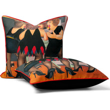 Indlæs billede til gallerivisning Beryl Cook cushion featuring a vibrant scene of friends getting ready for a night out in luxe velvet velour.