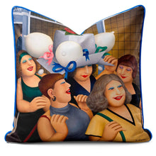 Afbeelding in Gallery-weergave laden, Beryl Cook cushion featuring a lively hen party scene with friends celebrating in luxe velvet velour.