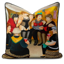 Lade das Bild in den Galerie-Viewer, Beryl Cook cushion featuring Party Girls scene of glamorous friends celebrating, in luxe velvet velour.