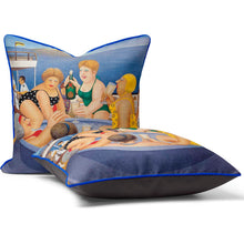 Lade das Bild in den Galerie-Viewer, Beryl Cook cushion featuring colorful artwork of friends on a cruise ship enjoying drinks and laughter.
