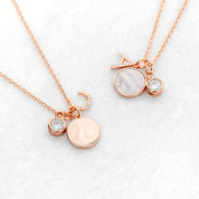 Indlæs billede til gallerivisning Rose Gold initial necklace with mother of pearl & crystal