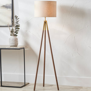 Metal & wood grain tripod floor lamp in two finishes