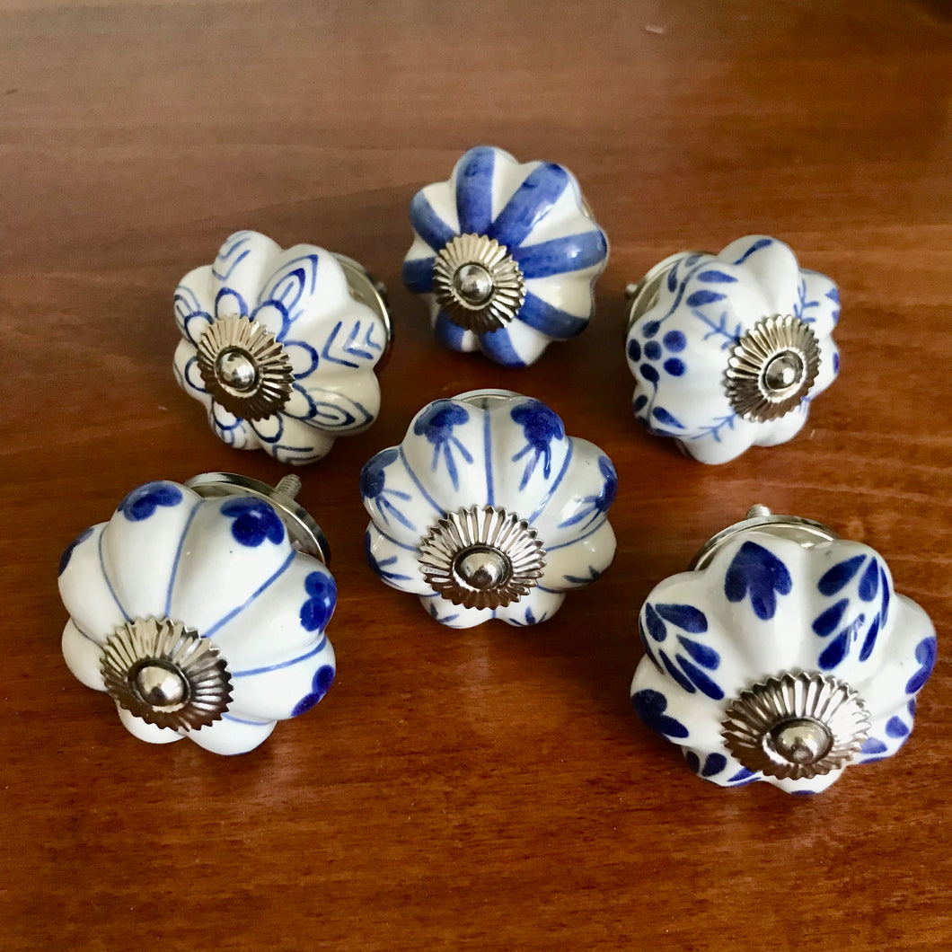 Blue & white ceramic knobs - set of six