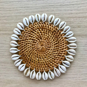 Balinese round rattan coaster with cowrie shells