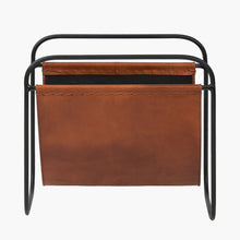 Charger l'image dans la galerie, Magazine rack in handcrafted vintage brown leather with a steel frame, perfect for stylish storage.

