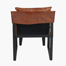 Carica l'immagine nel visualizzatore di Gallery, Chair with brown leather backrest and black frame on a white background
