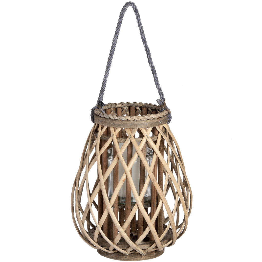 Wicker bulbous lantern with Glass Hurricane