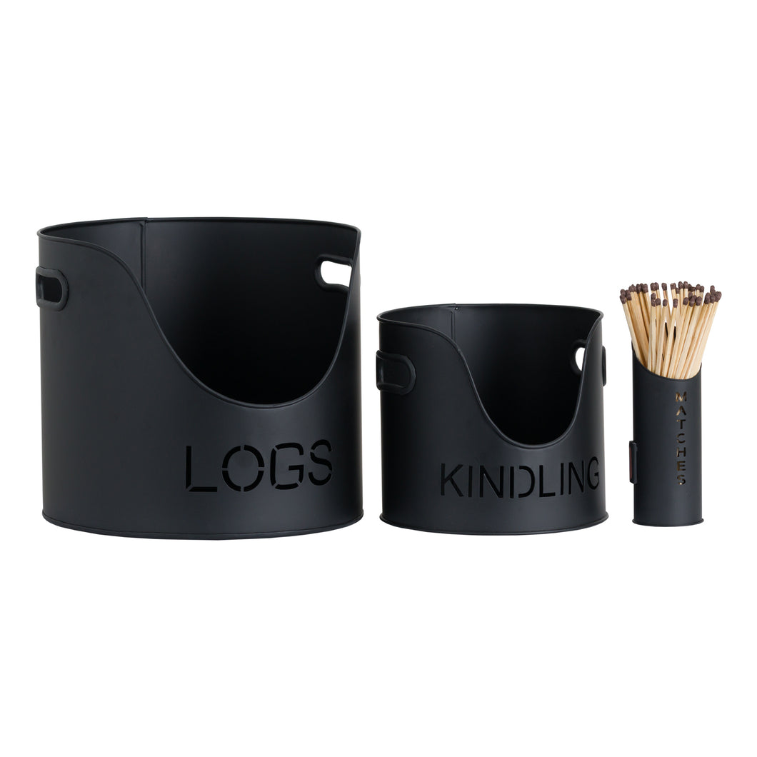 Log, Kindling Buckets & Matchstick Holder sets in four finishes