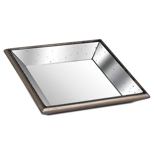 Distressed square mirrored trays with wooden detailing in two sizes