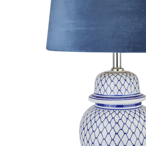 Blue & white ceramic lamp with blue velvet shade