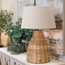 Load image into Gallery viewer, Conical wicker table lamp with a linen shade
