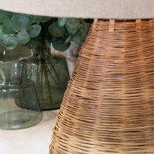 Load image into Gallery viewer, Conical wicker table lamp with a linen shade
