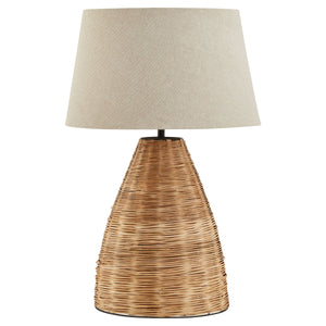 Conical wicker table lamp with a linen shade