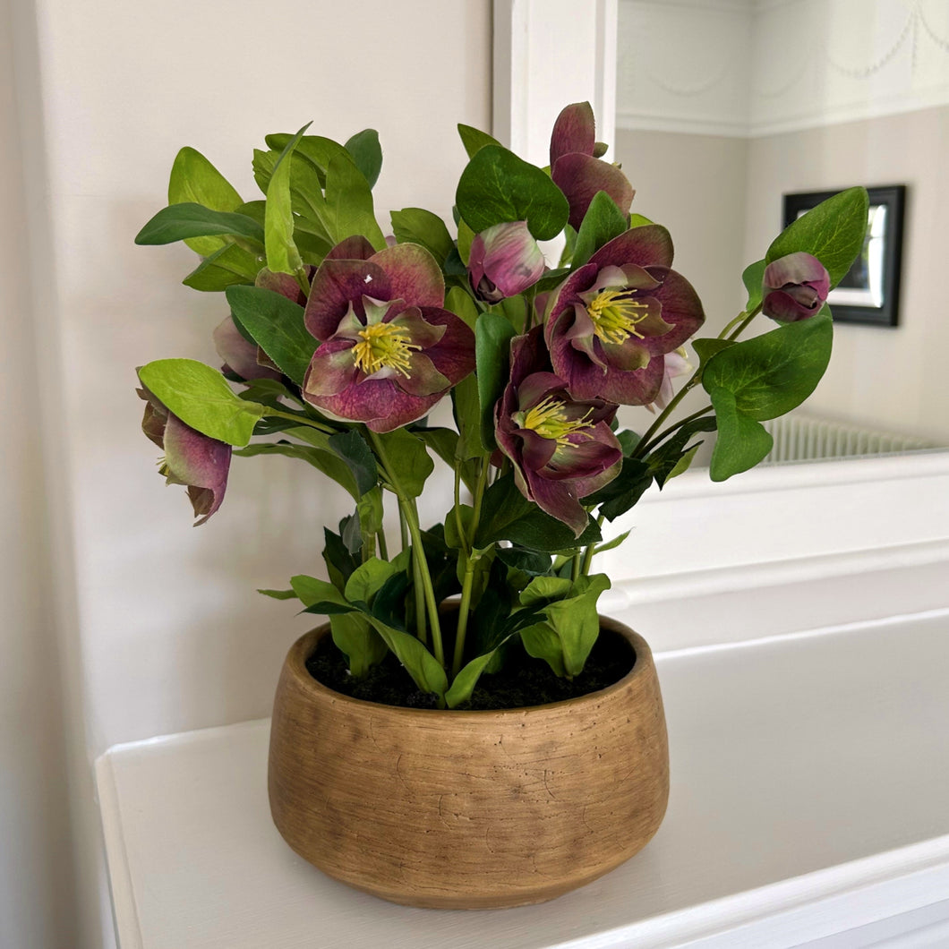 Medium deep plum faux hellebore in taupe pot