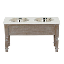 Carica l'immagine nel visualizzatore di Gallery, Pet feeding station table in grey wash wood with two stainless steel bowls for dogs or cats.

