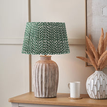 Charger l'image dans la galerie, Table lamp with mushroom pleat chevron design lampshade in green, ceramic base with washed finish.
