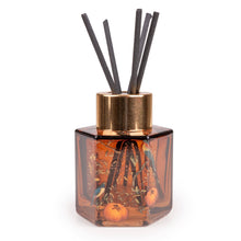 Carica l'immagine nel visualizzatore di Gallery, Reed diffuser in amber-toned vessel with botanical and pumpkin detailing, part of the Eastern Bluebird gift set.
