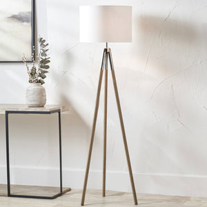 Metal & wood grain tripod floor lamp in two finishes