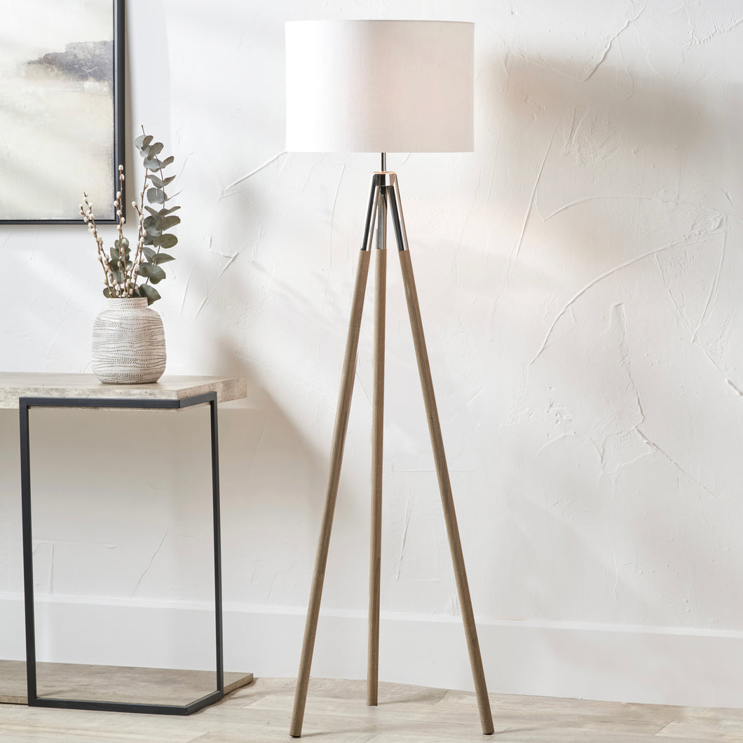 Metal & wood grain tripod floor lamp in two finishes