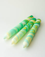 Lade das Bild in den Galerie-Viewer, Three taper dinner candles in Spring Green Marble mix, elegantly designed, 20 cm tall.
